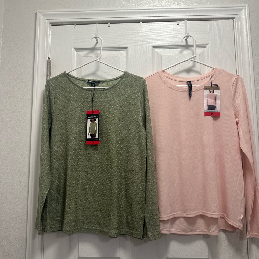 2 Pcs Mondetta & Mario Serrani Crew Neck Long Sleeve Top, Size M Green & Pink